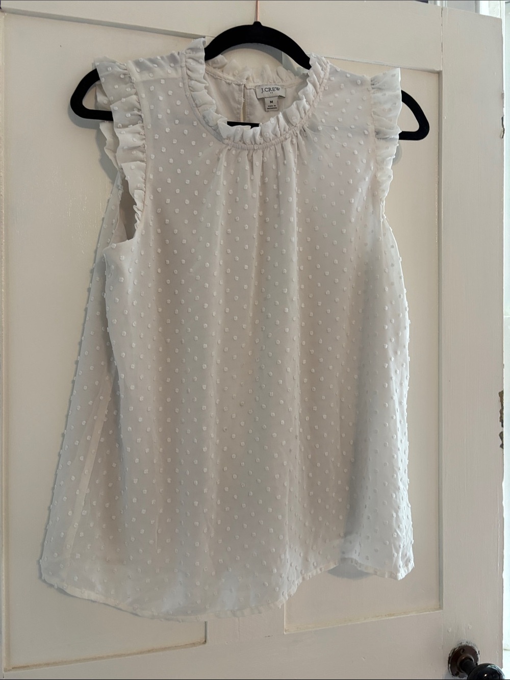 J. Crew White Swiss Dot Ruffle Shell Top